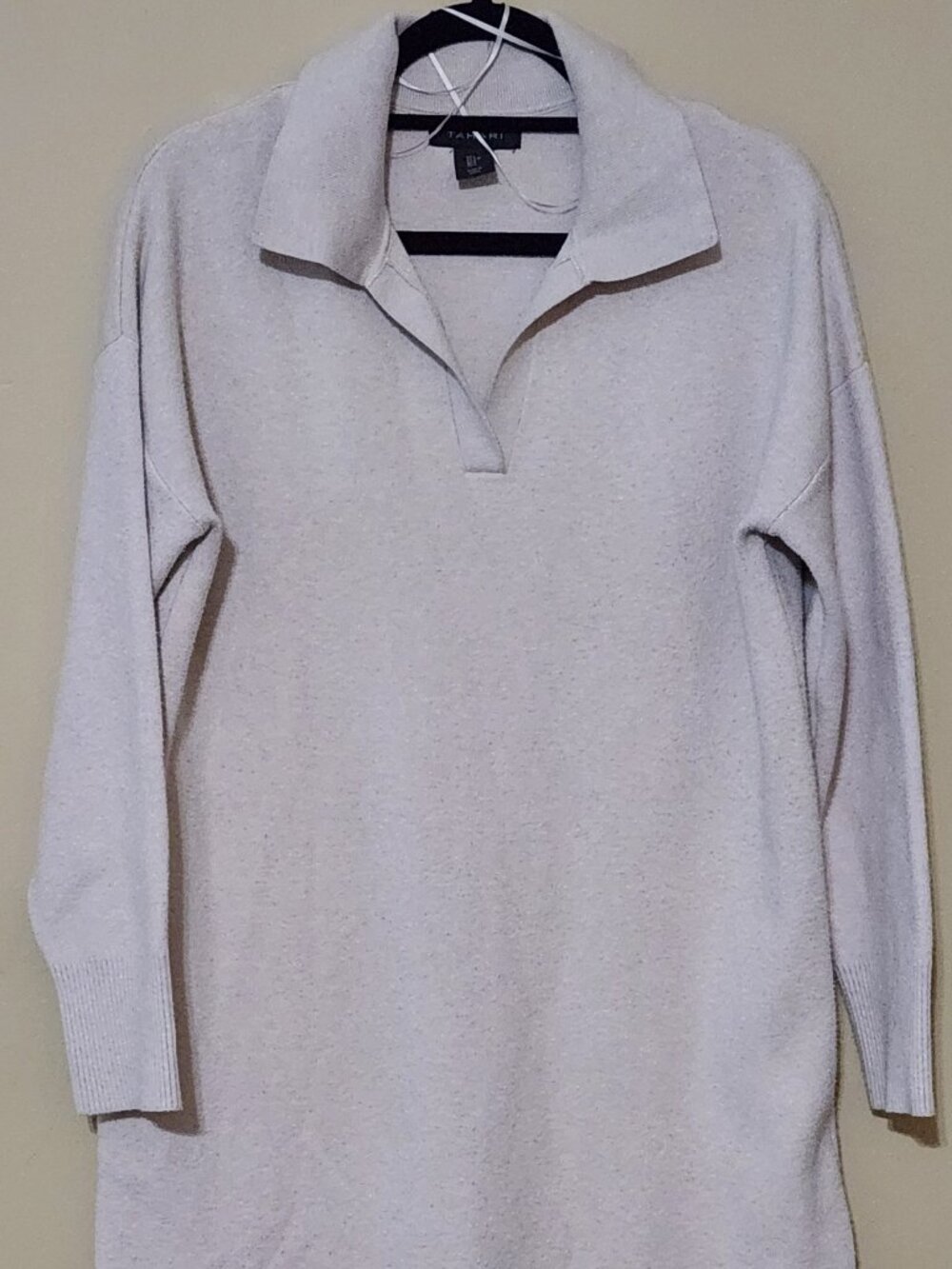 Tahari Sweater Dress Womens Large L Beige Knit Polo Collar Long Sleeve Midi Slit